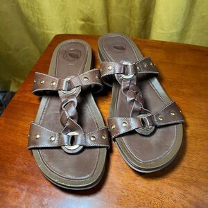 Brown Leather Braided Sandals Comfort Slides Metal Ring Detail Summer Flats-SZ 9